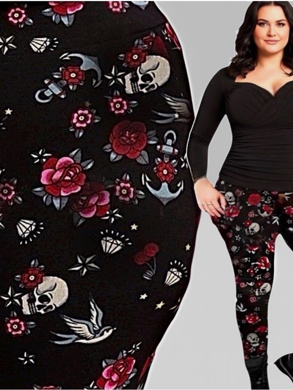 TORRID Skulls Flowers Hearts Pixxy Tattoo Icons Leggings Size 4X Goth Punk Black